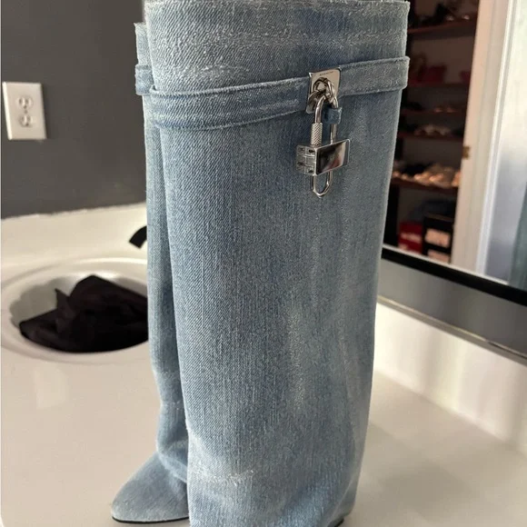 Shark Lock denim knee-high boots